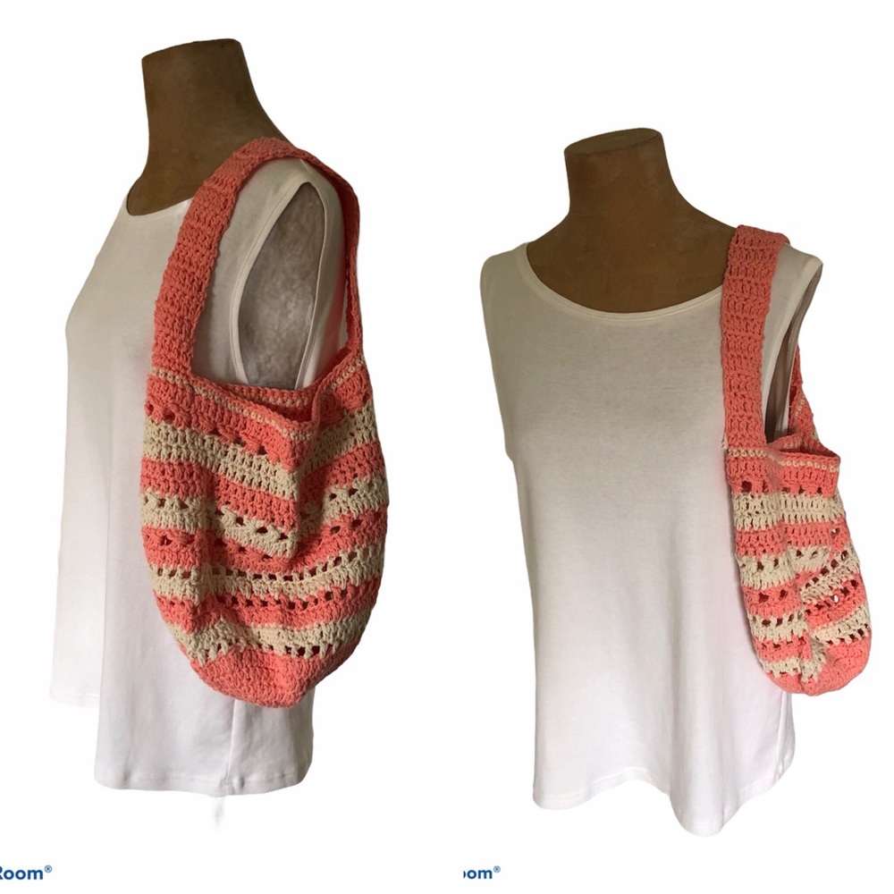 Handmade Crochet cotton striped tote orange cream